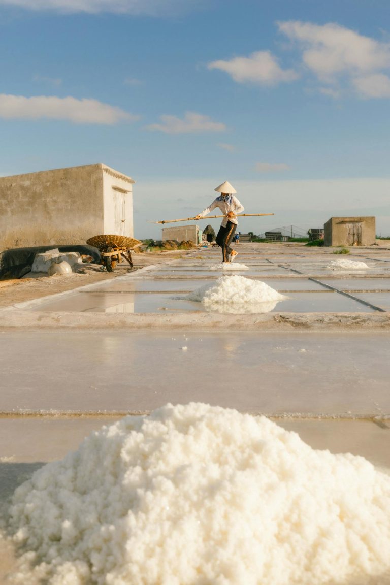 A worker in Vietnam harvesting salt at a rural salt flat under the sunlight.